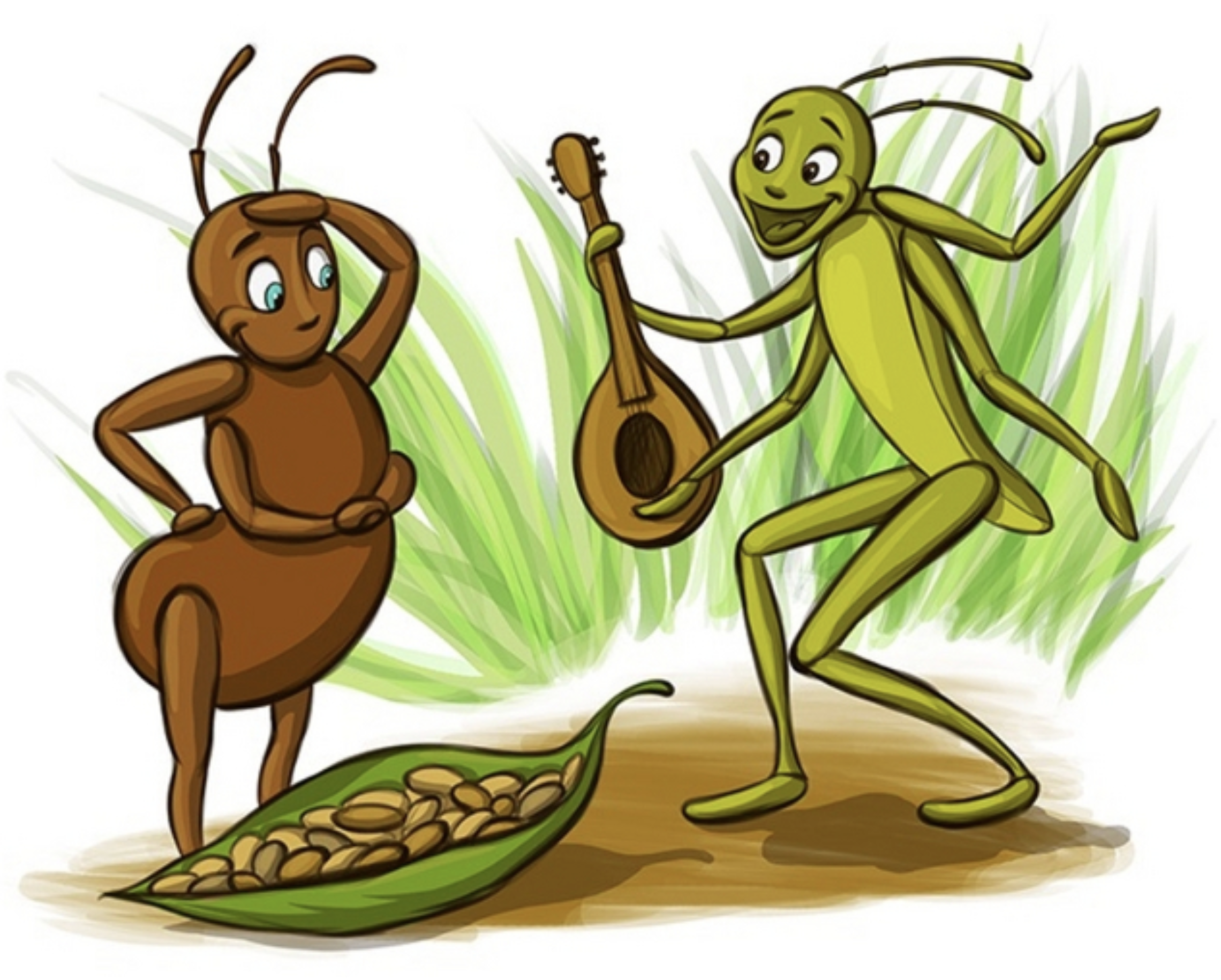 An ant beside stored seeds and a grasshopper playing an instrument