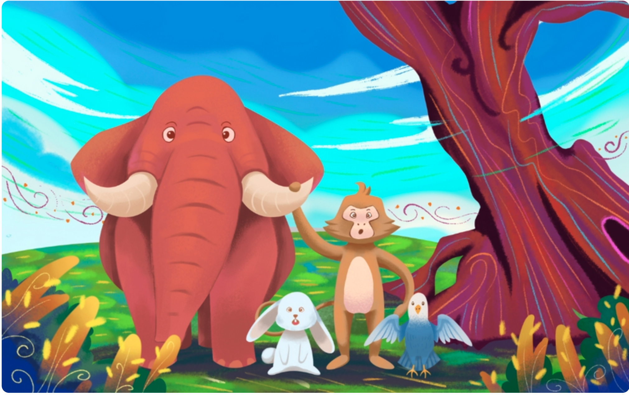 An elephant, monkey, rabbit, and bird in a traditional story