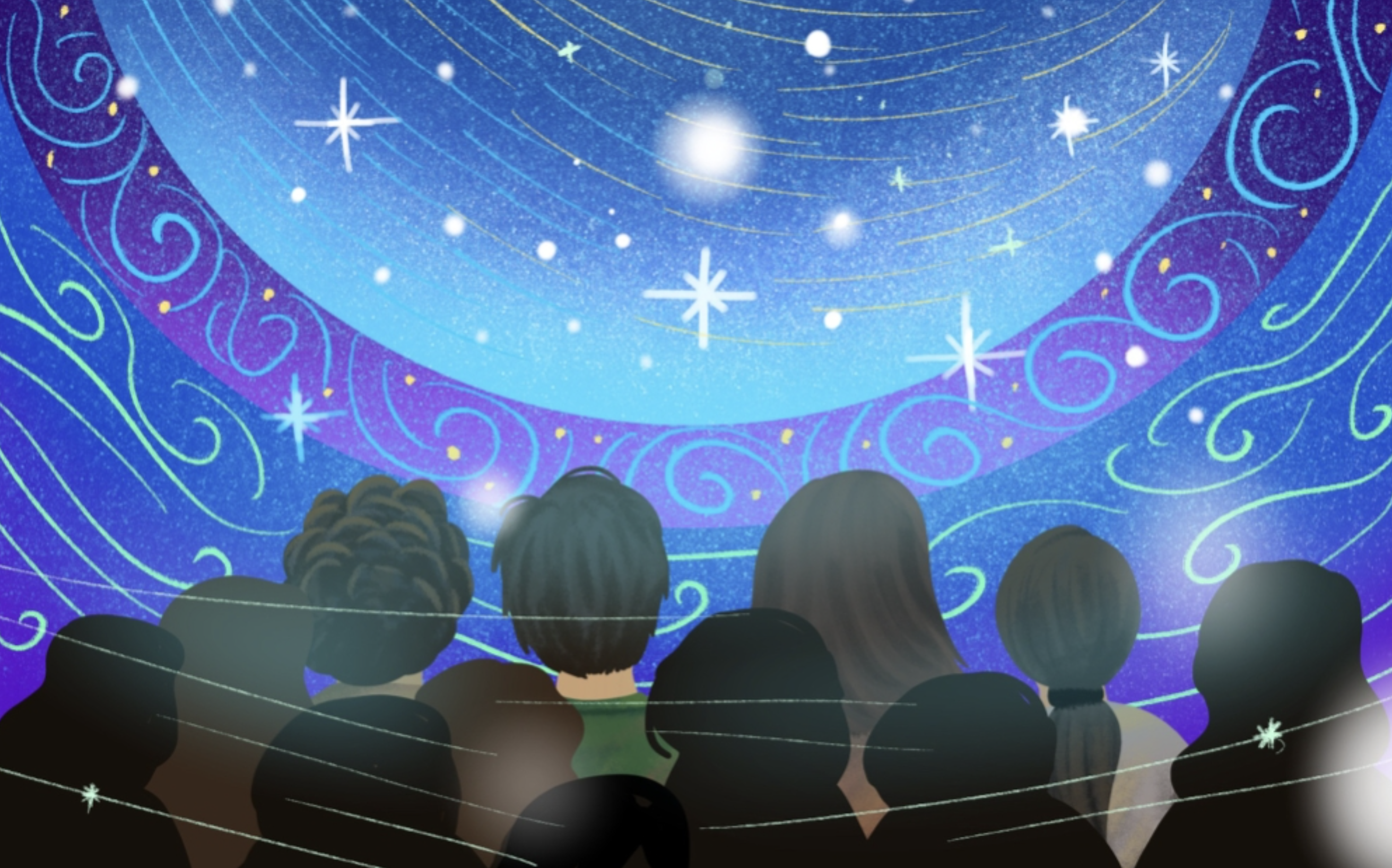 People looking up at a bright, star-filled sky in a StoryWorld illustration.